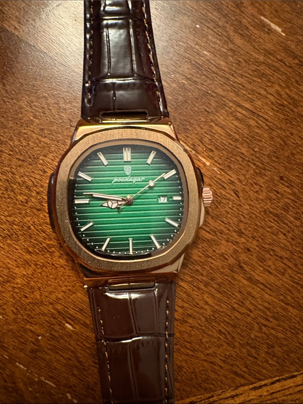 Men's Green Dial Watch with Brown Leather Strap